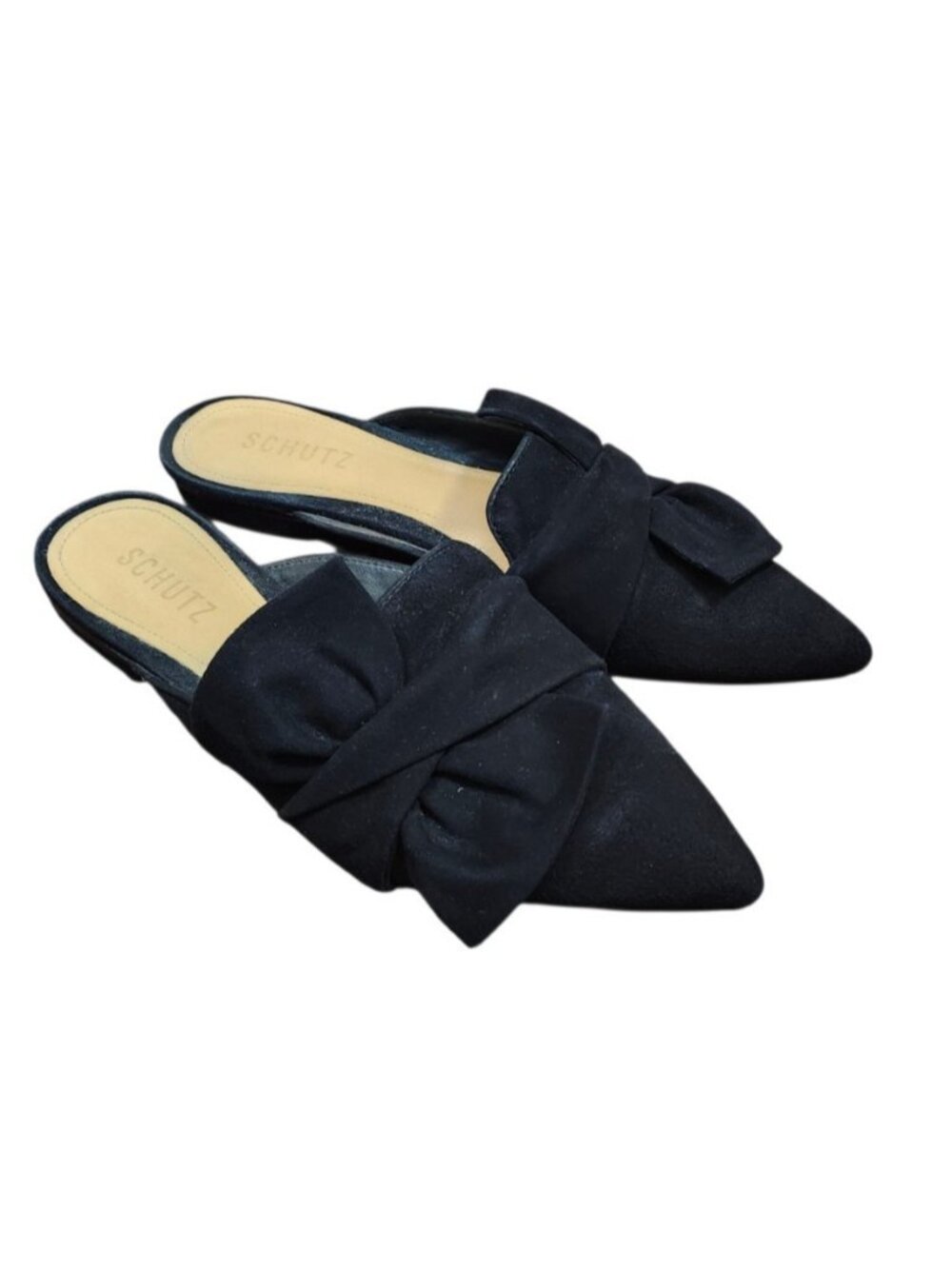 Schutz Black Suede Bow Pointed Toe Mule Flats Women’s Size 8.5B Leather